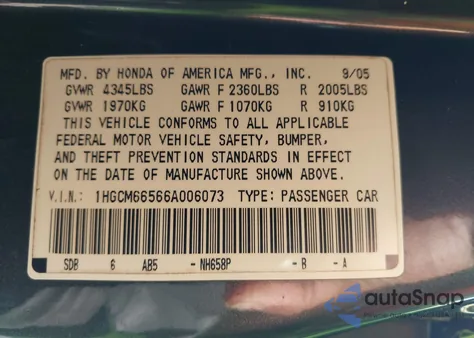 2006 Honda Accord Sdn Ex-L V6 from USA, damaged, VIN 1HGCM66566A006073